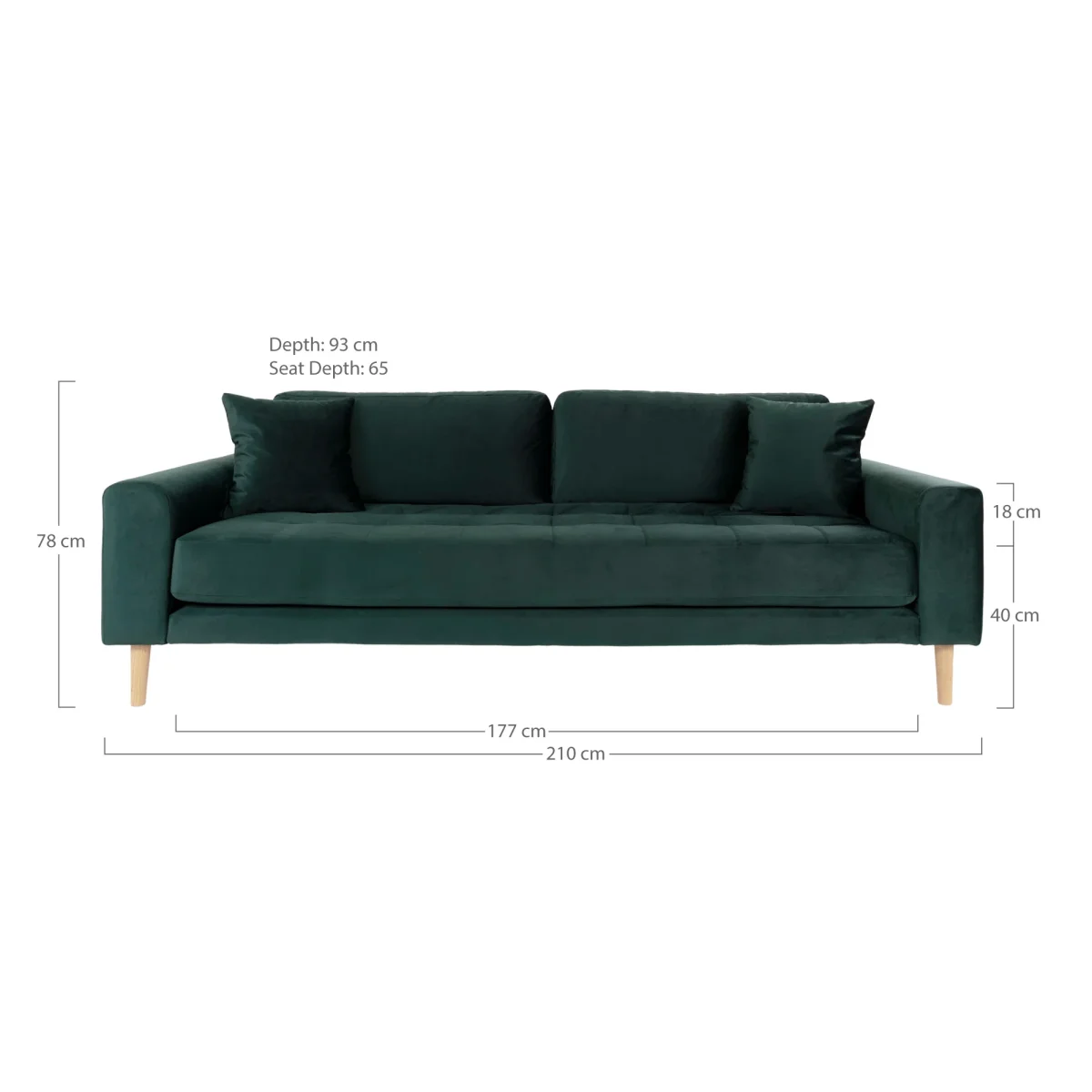 Lido 3 Personers Sofa - 3 Personers Sofa, Mørkegrøn Velour Med To Puder Og Natur Træben Hn1006 - Billede 6