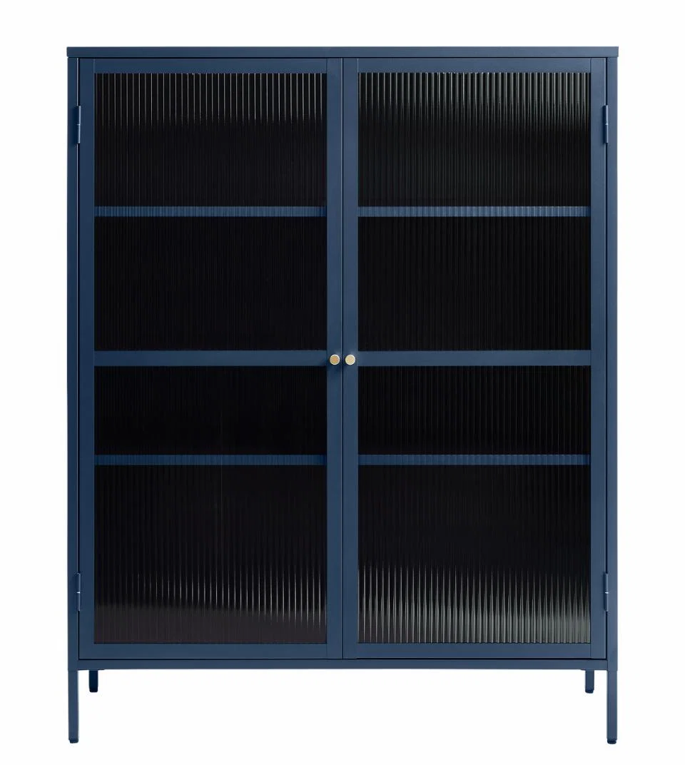 Bronco vitrineskab, blå metal, guldfarvet greb,140x11x40cm - Billede 8