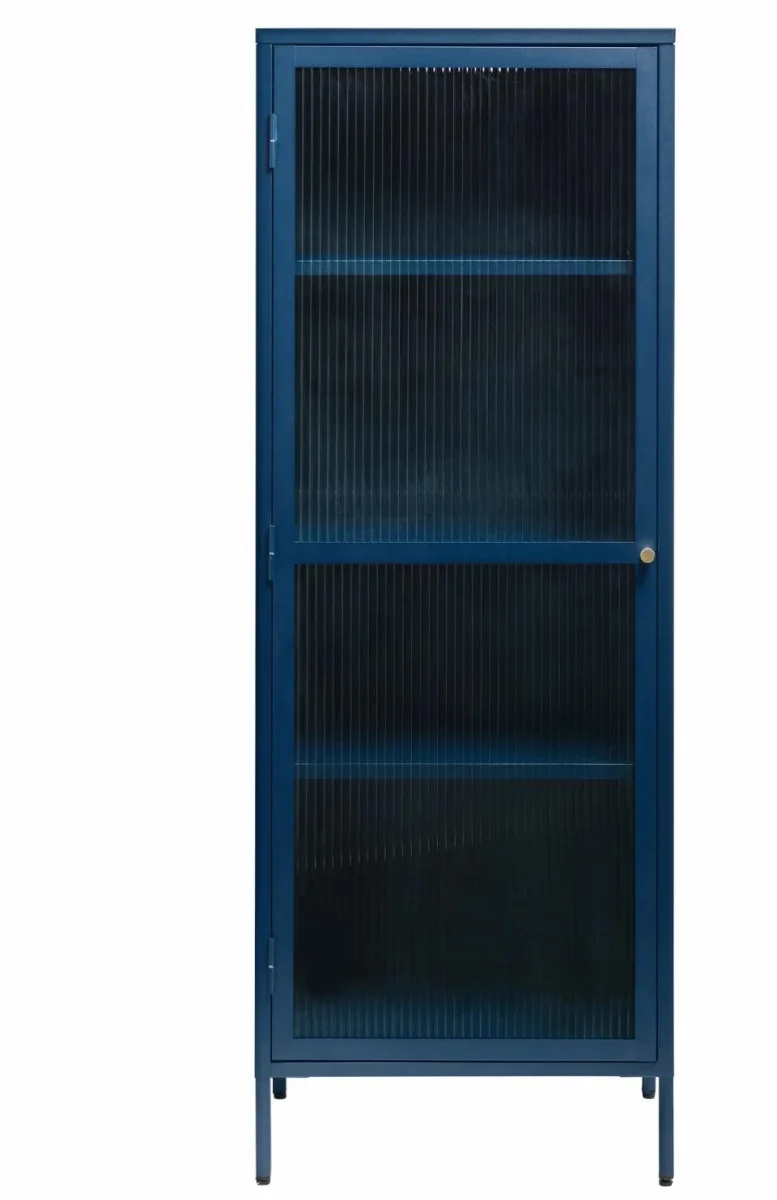 Bronco glasskab - Blå metal, guldfarvet greb, 160x58x40cm - Billede 6
