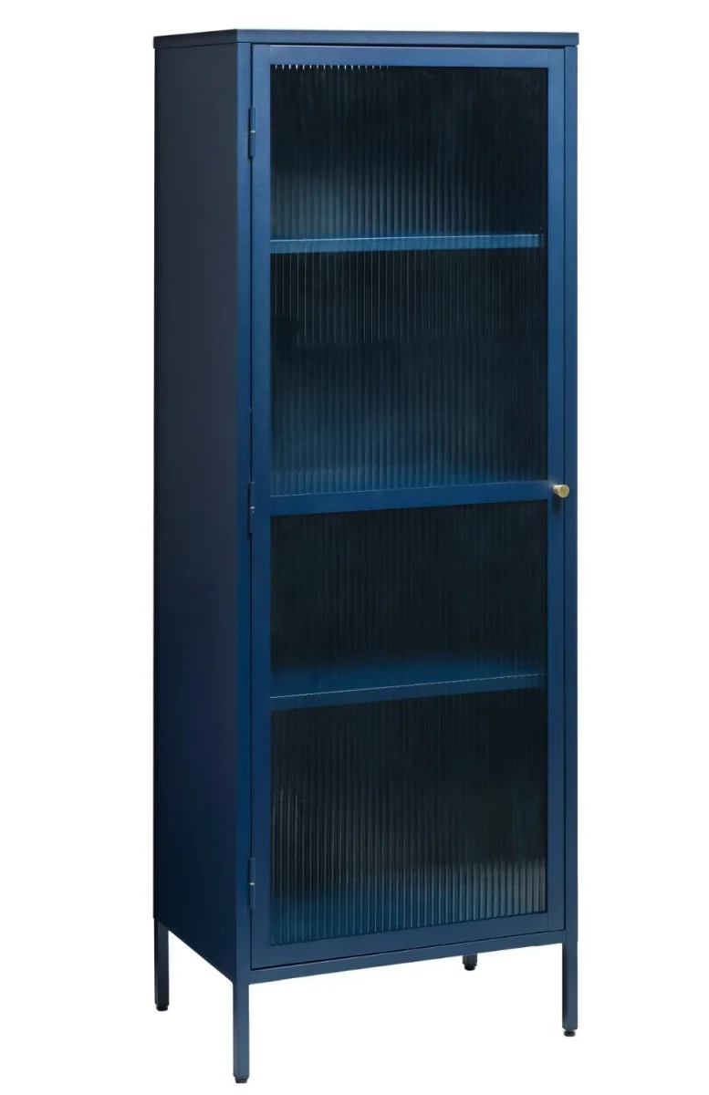 Bronco glasskab - Blå metal, guldfarvet greb, 160x58x40cm - Billede 4