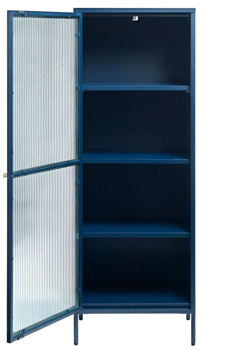 Bronco glasskab - Blå metal, guldfarvet greb, 160x58x40cm - Billede 5