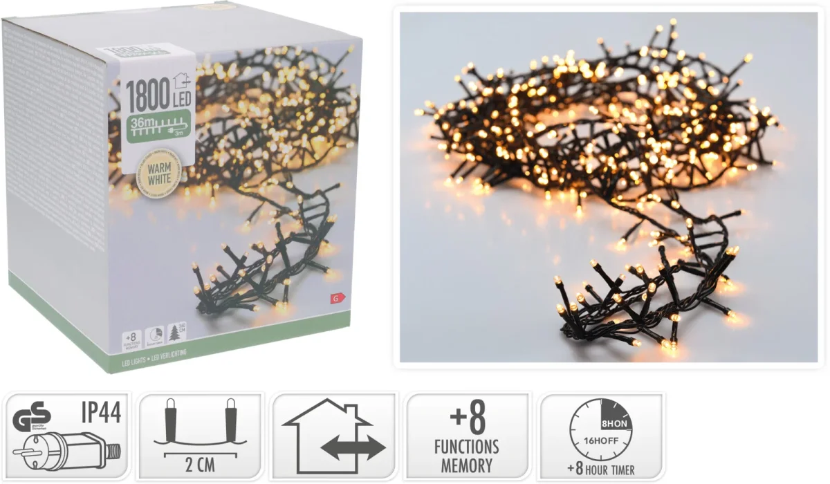 Micro Cluster lyskæde – 1800 LED – 36 meter, varmhvid